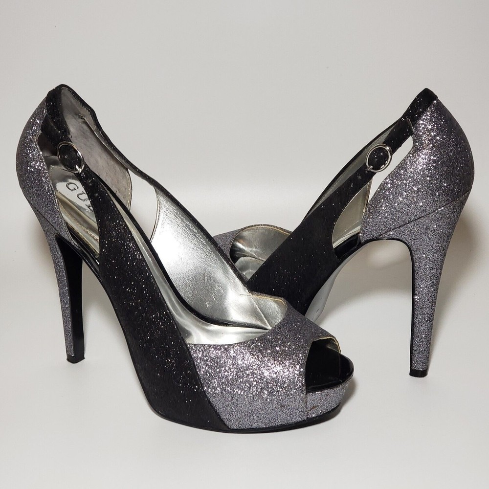 Guess Black and Silver Glitter Heels Sz 9 Hidden Platform 90's Y2K